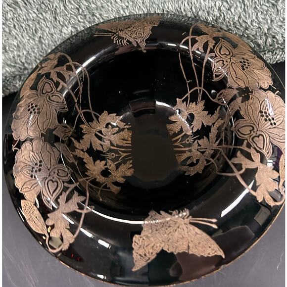 Art Nouveau Compote Black Amethyst Floral Butterfly Pattern Antique - Picture 15 of 15